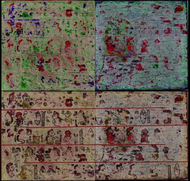 Two pages of the rediscovered codex, and a reconstruction of the faint images revealed by researchers. Courtesy of the Universiteit Leiden.