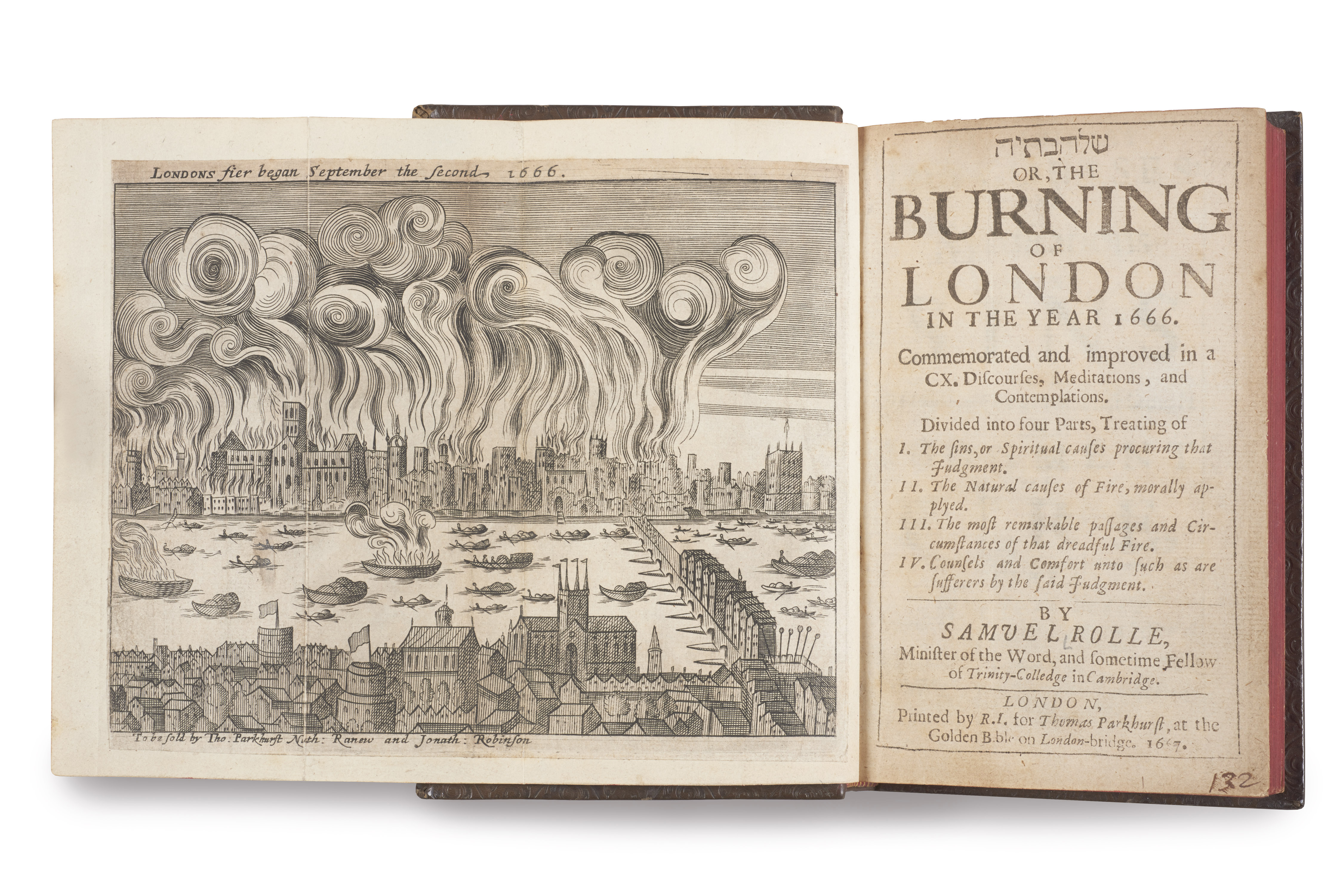 Samuel Rolle was one of several people who wrote books about the Great Fire of London. Much of the literature produced was religious and counselled Londoners to mend their sinful ways and cope with the disaster through prayer and their faith in God. Rolle's book also reveals some very interesting information about the fire, how people felt about it and its effect on Londoners: how some nearly died of fright, the losses that they suffered, how they got lost among the ruins and couldn't even recognise their own street. He voices his disgust at opportunists profiting from the fire - landlords in the unburned areas who raised their rents, carters who charged extortionate fees to carry away people's belongings and thieves who looted people's possessions. This press image has been issued by the Museum of London. It may be published free of charge for the purpose of reviewing or promoting the Museum of London's 'Fire! Fire! Exhibition', July 2016-April 2017. All uses must be credited © Museum of London All other uses must be cleared with the Museum of London