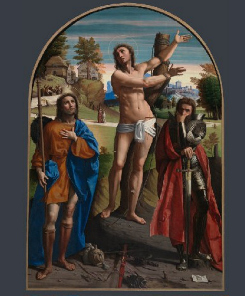 One of the damaged paintings at the London National Gallery. Ortolano, Saints Sebastian, Roch and Demetrius, about 1520 courtesy of the London National Gallery.