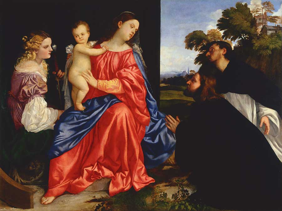 Titian, Madonna and Child with Saints Catherine of Alexandria and Dominic, and a Donor, about 1513. Oil on canvas; 53-7/8 × 72-1/2 in. Fondazione Magnani Rocca, Mamiano di Traversetolo, Parma, Italy. Courtesy of Fondazione Magnani Rocca, Mamiano di Traversetolo (Parma).