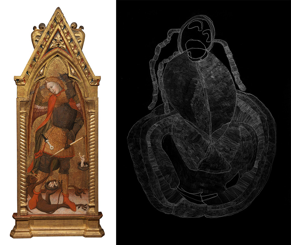 Andrea de Bartoli, L'Archangelo Michele (The Archangel Michael, 14th century (left). Various artists, Gola (Gluttony, 2016). Courtesy of Atelier dell'Errore (right).