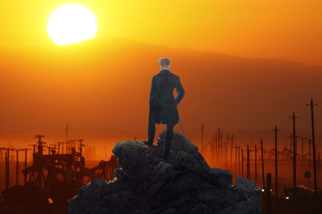 Collage by Artnet News. Photo by David McNew/Getty Images, painting Caspar David Friedrich's Wanderer above the Sea of Fog (ca. 1818).