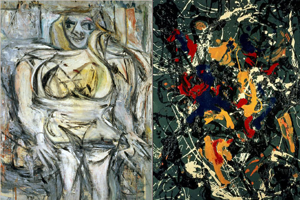 Left: Willem de Kooning, <em>Woman III</em> (1953). Courtesy of Wikimedia Commons. Right: Jackson Pollock, <em>Number 3</em> (1948). Courtesy of Wikimedia Commons.