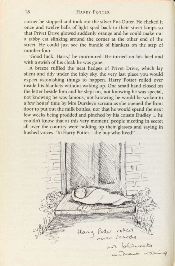 J.K. Rowling drew this illustration in a hand-annotated copy of <em>Harry Potter and the Philosopher's Stone</em> that sold for £150,000 (about $228,000) at Sotheby's in 2013. Courtesy of Sotheby's.