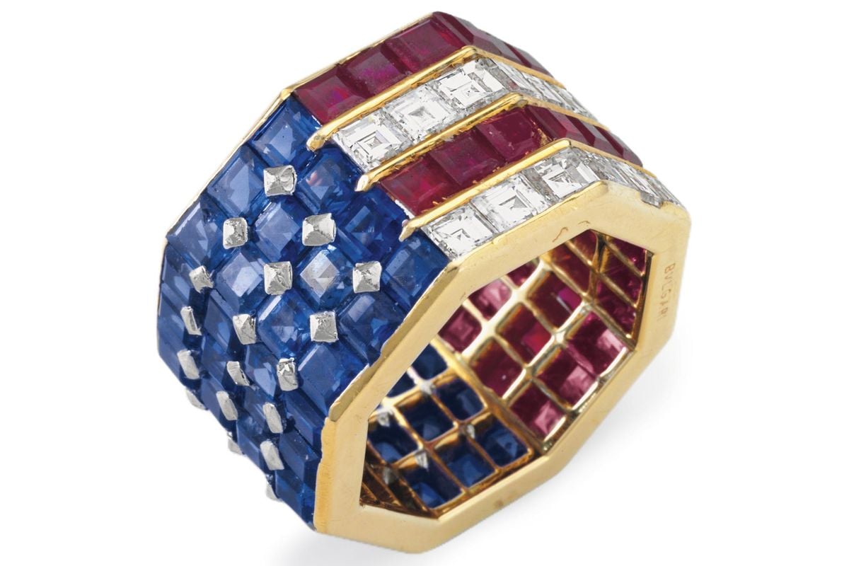 This American flag-inspired diamond sapphire, and ruby ring by Bulgari was the top lot at the Ronald Reagan private collection auction, selling for $319,000 on a $5,000–8,000 estimate. Courtesy of Christie's.