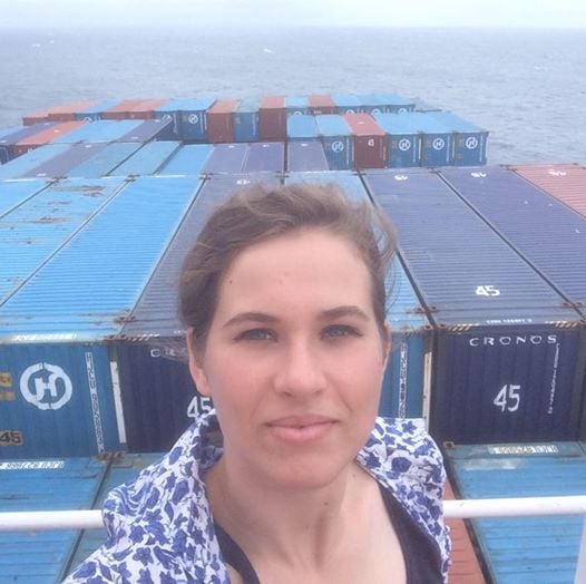 Rebecca Moss on the Hanjin container ship. Courtesy of Rebecca Moss, via Facebook.