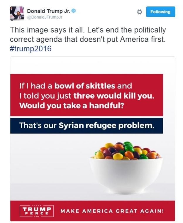 Donald Trump Jr.'s anti-refugee Tweet uses an image stolen from one-time refugee David Kittos. Screenshot courtesy of Twitter. 