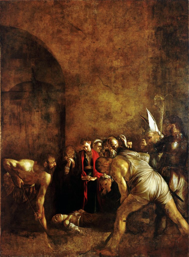 Caravaggio, The Burial of Saint Lucy (1608). Collection of the Chiesa di Santa Lucia al Sepolcro, Syracuse, Italy.