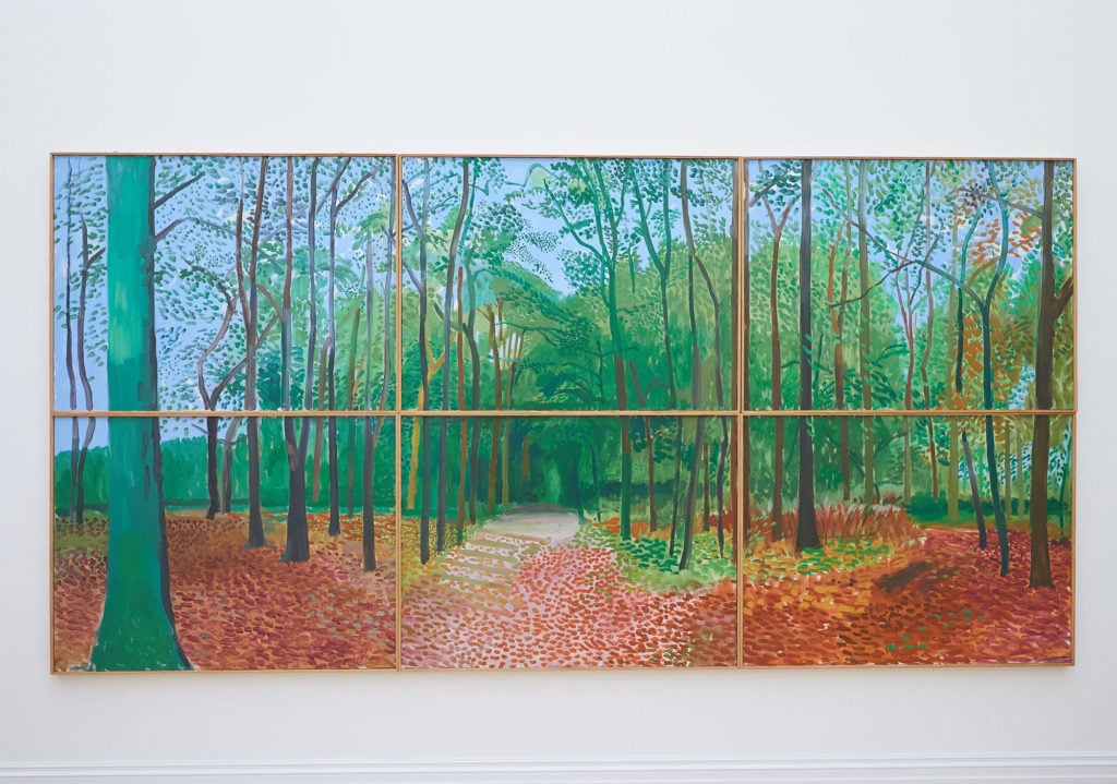 David Hockney, Woldgate Woods, 24, 25 and 26 October, 2006(2006). The painting carries a $9 million–12 million estimate, which would set a new auction record for the artist. Courtesy of Sotheby’s New York.