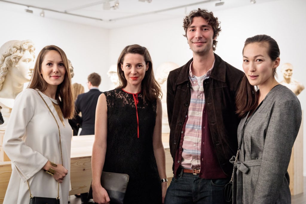 Frieze Fairs director Victoria Siddall (second from the left) socializes at the 2015 edition of Frieze Masters. Photograph by Mark Blower. Courtesy of Mark Blower/Frieze.