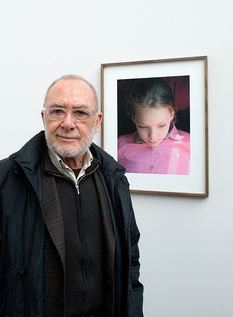 German painter Gerhard Richter poses in front of his work "Ella" on February 25, 2015 at the Albertinum museum in Dresden. Courtesy of ARNO BURGI/AFP/Getty Images.