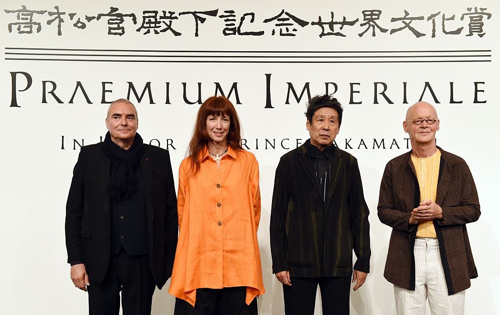 Winners of the 2015 Praemium Imperiale, architect Dominique Perrault, prima ballet dancer Sylvie Guillem, painter Tadanori Yokoo of Japan, and artist Wolfgang Laib. Photo: TOSHIFUMI KITAMURA/AFP/Getty Images.