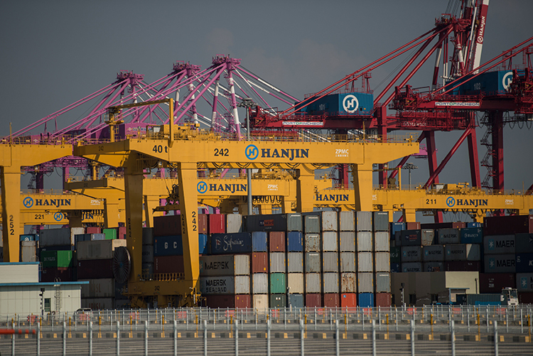 This picture taken on September 3, 2016 shows a general view of the Hanjin Incheon Container Terminal in Seoul. Courtesy of AFP/Ed Jones/Getty Images.