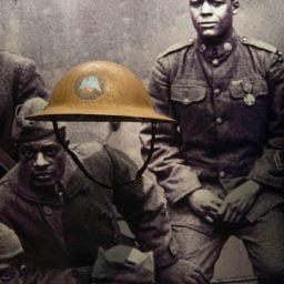 A helmet from the World War I Harlem Hellfighters is on display. Courtesy of Getty Images.