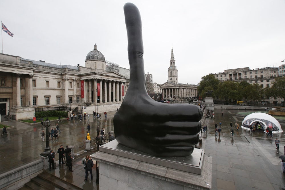 David Shrigley,Really Good, the new Fourth Plinth sculpture, after its unveiling in Trafalgar Square in central London on September 29, 2016. Courtesy of Daniel Leal-Olivas/AFP/Getty Images.