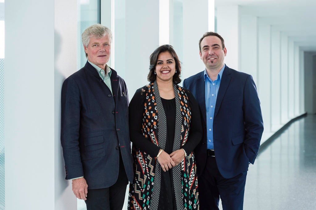India Art Fair’s new co-owners: Sandy Angus (Chairman of Angus Montgomery), Neha Kirpal (Founding Director and Partner of India Art Fair), and Marco Fazzone (Managing Director of Design and Regional Art Fairs, MCH Group). Courtesy of India Art Fair.