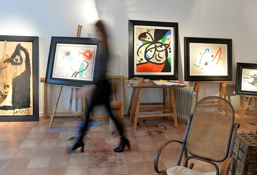 A recreation of the studio of the painter Joan Miro, presented by Gallery Mayoral, on January 19, 2016 in London. Photo Anthony Harvey/Getty Images.