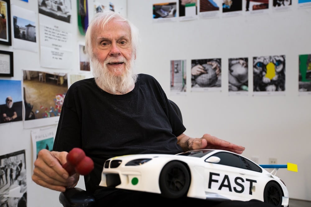 Contemporary American artist John Baldessari unveils the design study for 19th BMW Art Car at his California studio. The full-scale version of Baldessari’s work will be unveiled at Art Basel Miami Beach on November 30, 2016. Courtesy of John Baldessari