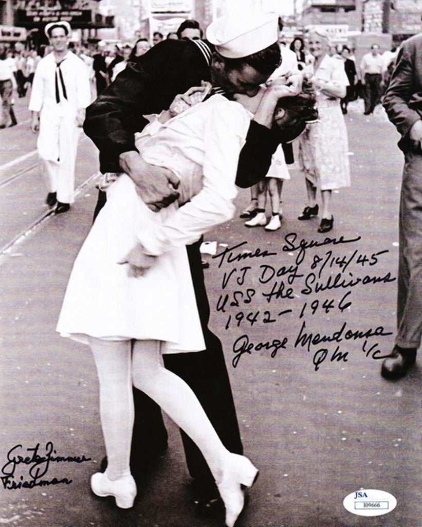 An autographed copy Alfred Eisenstaedt’s photo of Greta Zimmer Friendman being kissed by a sailor in Times Square. Courtesy of Joshua Friedman.