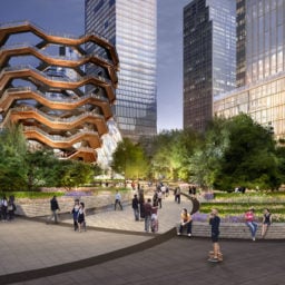 A rendering of Thomas Heatherwick's Vessel and the surrounding gardens and water feature, coming to Hudson Yards in New York. Courtesy of Visual House-Nelson Byrd Wolt.