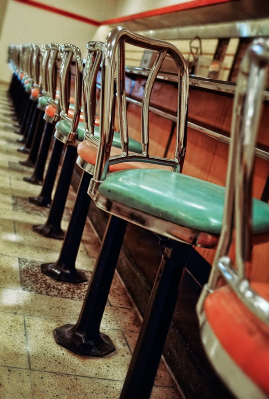 The original portion of the lunch counter and stools where the four students sat on Feb. 1, 1960, has never been moved from its original footprint. Photo Courtesy: The International Civil Rights Center & Museum.