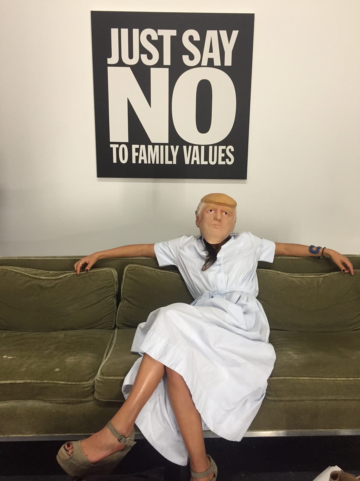 A guest dons a Donald Trump mask at Jonathan Horowitz's 2016 Presidential Debate Party at Gavin Brown Harlem. Courtesy of Gavin Brown's Enterprise.