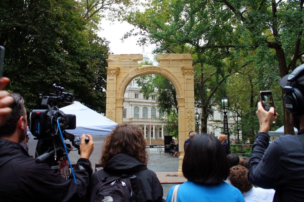 The Institute of Digital Archeology's replica Roman arch from the ancient city of Palmyra, in City Hall Park. Photo Rain Embuscado.
