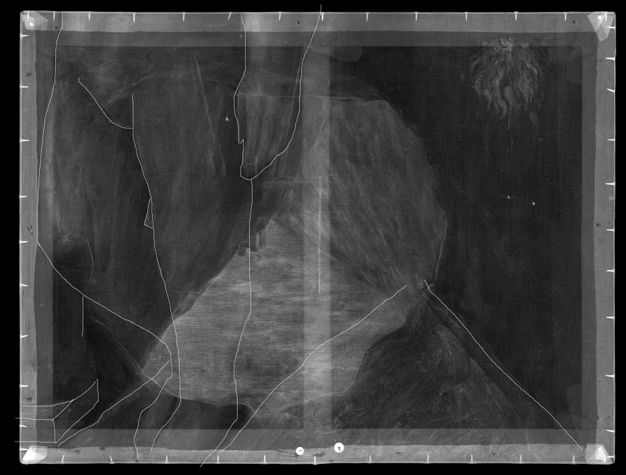 The X ray with superimposed drawing, highlighting the contours of <i>La Pose Enchantée</i> in the underpainting. © Hamilton Kerr Institute, courtesy Norwich Museums Service.