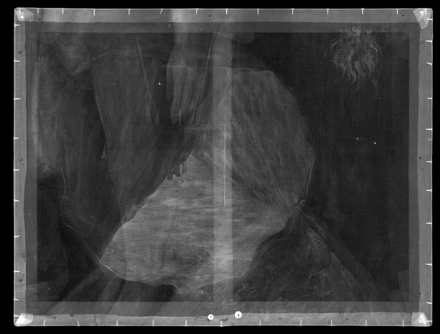 Upside-down x-ray of Norwich Museum Services’s <i>La Condition Humaine</i>, showing, on the left, the legs and hand of a woman and the base of a column. © Hamilton Kerr Institute, courtesy Norwich Museums Service.