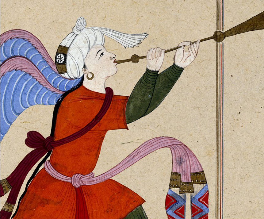 Al-Qazwini (1202–1283), "The Archangel Israfil," from <em>Aja'ib al-Makhluqat (The Wonders of Creation and Oddities of Existence)</em> late 14th–early 15th century, Egypt or Syria. Courtesy of the British Museum, London. © The Trustees of the British Museum.