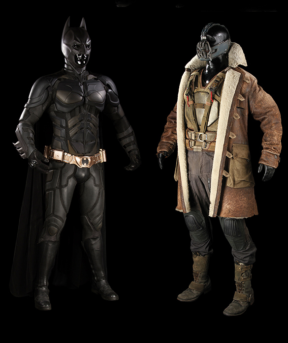 The Batsuit and the Bane costume from <em>The Dark Knight Rises</em>. Courtesy of the Prop Shop.