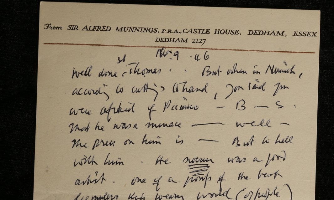 In this letter, Alfred Munnings slams Pablo Picasso. Courtesy of Chiswick Auctions.