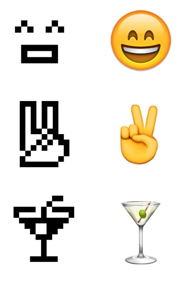 1999 NTT DOCOMO emoji compared to 2016 iOS emoji. Courtesy of the Museum of Modern Art. 