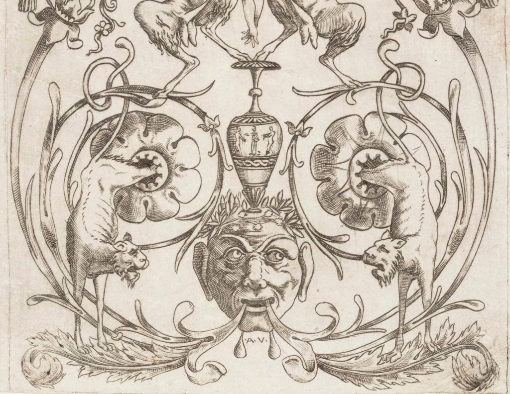 Agostino Veneziano, Print, Grotesque Ornament with Satyrs, from a Set of Twenty Ornament Panels, ca. 1530–35. Published by Antonio Salamanca. Courtesy of photographer Matt Flynn © Smithsonian Institution.