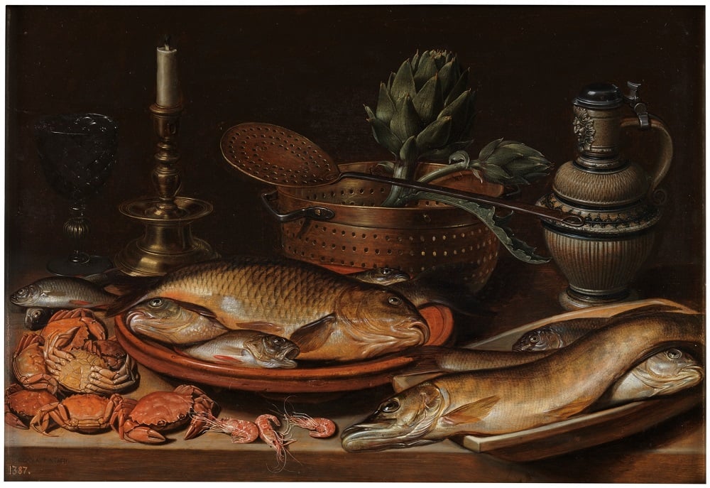 Clara Peeters, Still Life with Fish, Candle, Artichokes, Crabs and Shrimp (1611). Image courtesy of Museo del Prado.
