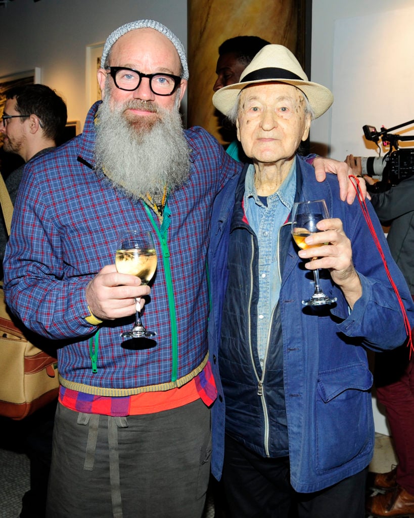 Michael Stipe, Jonas Mekas at the Anthology Film Archives Benefit and Auction. Courtesy of Paul Bruinooge © Patrick McMullan.