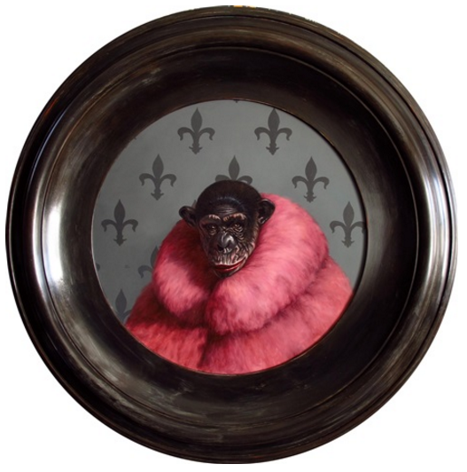 Daniel Sueiras Fanjul, Natural Selection - Retrato Ilustre C - Chimpanzee Wearing A Pink Coat (2016). Courtesy of Urbane Art Gallery.