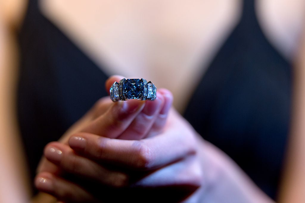 The 8.01 carat Sky Blue Diamond. Courtesy of Ben A. Pruchnie/Getty Images for Sotheby's.