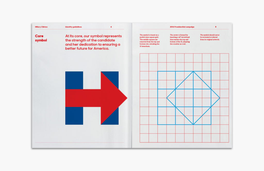 The guideless for the graphic identity for the Hillary Clinton campaign, as designed by Pentagram Design. Courtesy of Jesse Reed of Pentagram Design.