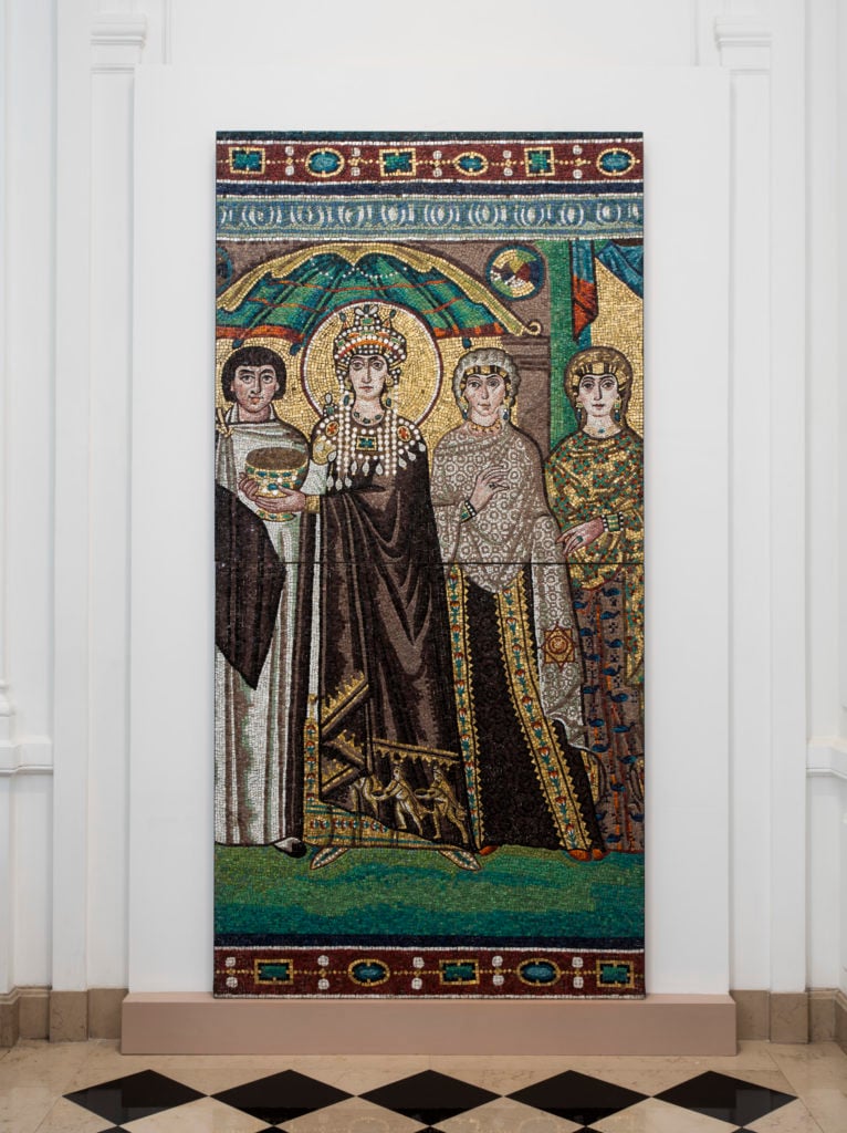 A replica of one of the famed 6th century Byzantine mosaics of Ravenna, Italy, featuring Empress Theodora. Courtesy of the Neue Galerie. 