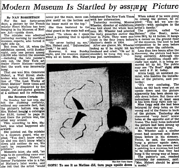 The <em>New York Times</em> article about how Henri Matisse's <em>Le Bateau</em> (1953) was hung upside down. 