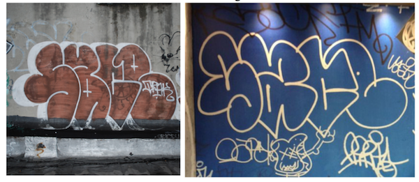 Left: Dash Snow's SACE tag. Right: fake graffiti decoration inside a McDonald's. Image: the Fashion Law/case BERREAU v. MCDONALD'S CORPORATION ET AL, 2:16-cv-07394. 
