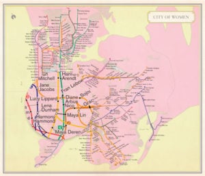 Molly Roy, City of Women, with detail, featuring subway route symbols from the Metropolitan Transportation Authority. From Nonstop Metropolis: A New York City Atlas by Rebecca Solnit and Joshua Jelly-Schapiro. Courtesy of University of California Press.