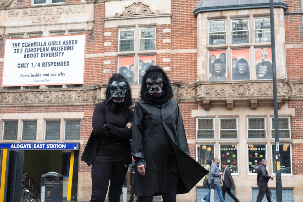 The Guerrilla Girls outside London's Whitechapel Gallery. Photo David Parry/PA Wire.