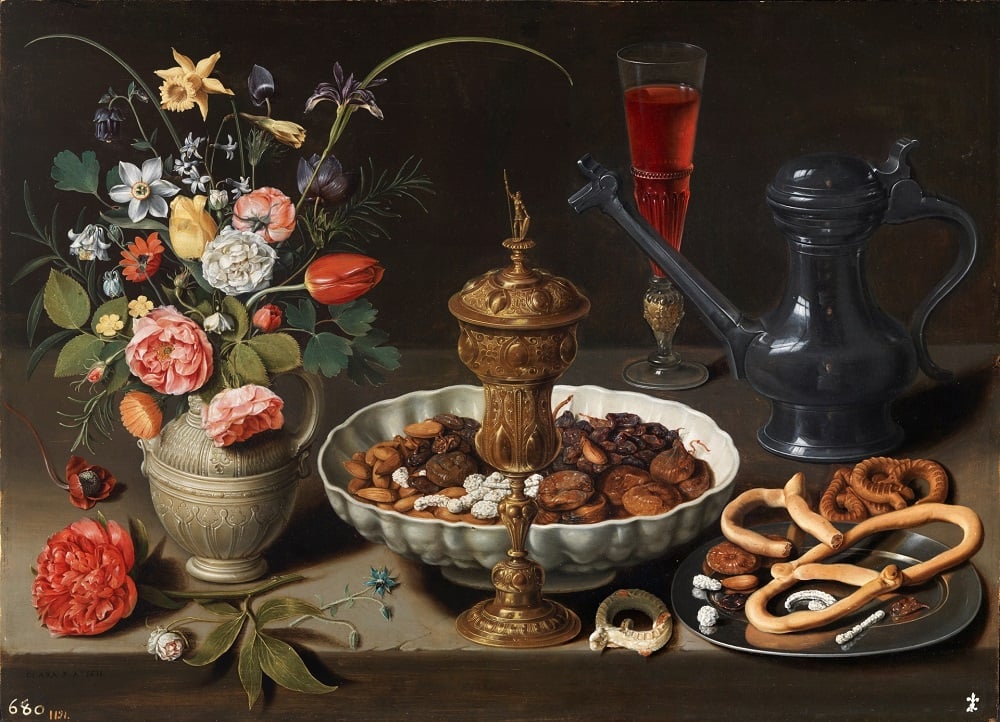 Clara Peeters, Still Life with Flowers, Gilt Goblet, Dried Fruits, Sweets, Biscuits, Wine and a Pewter Flagon (1611). Image courtesy of Museo del Prado.