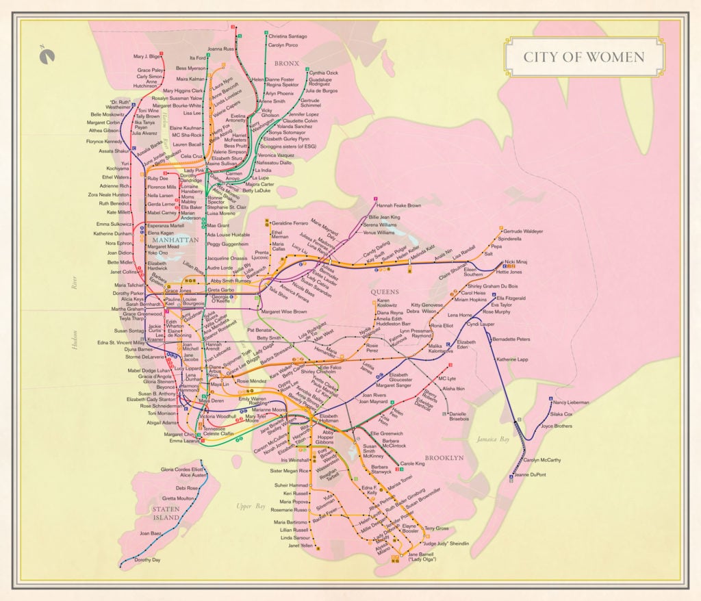 Molly Roy, City of Women, featuring subway route symbols from the Metropolitan Transportation Authority. From Nonstop Metropolis: A New York City Atlas by Rebecca Solnit and Joshua Jelly-Schapiro. Courtesy of University of California Press.