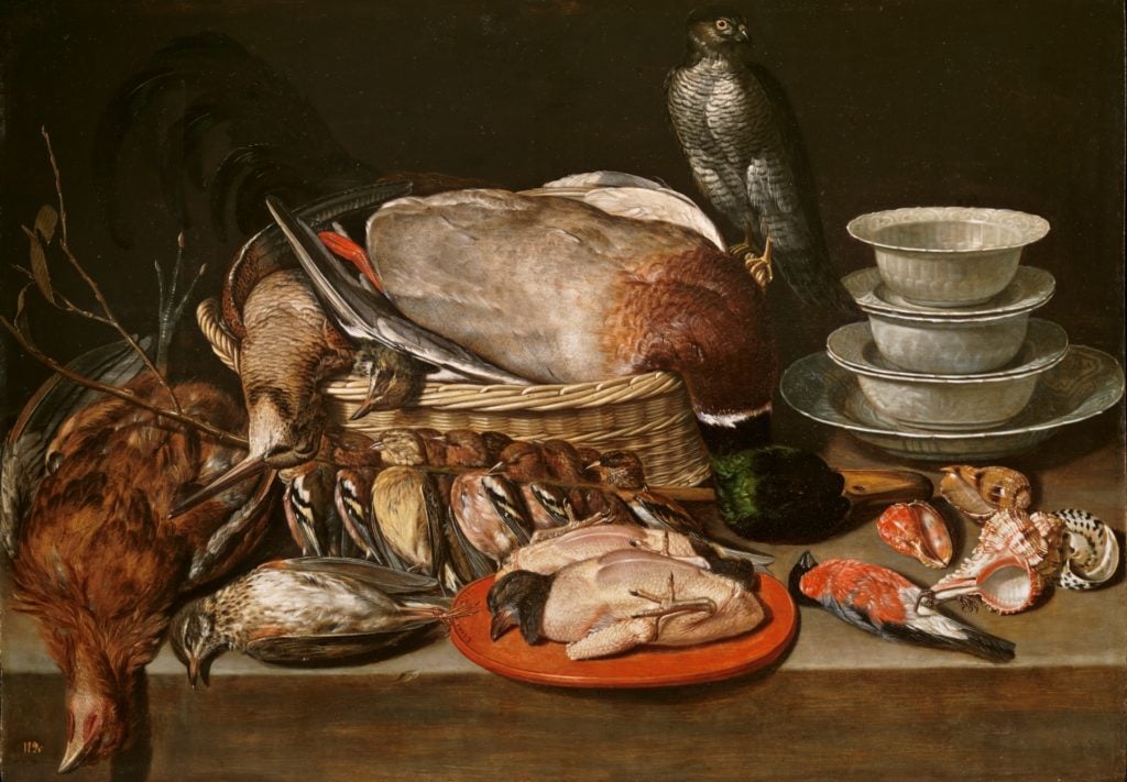 Clara Peeters, Still Life with Sparrow Hawk, Fowl, Porcelain and Shells (1611). Image courtesy of Museo del Prado.