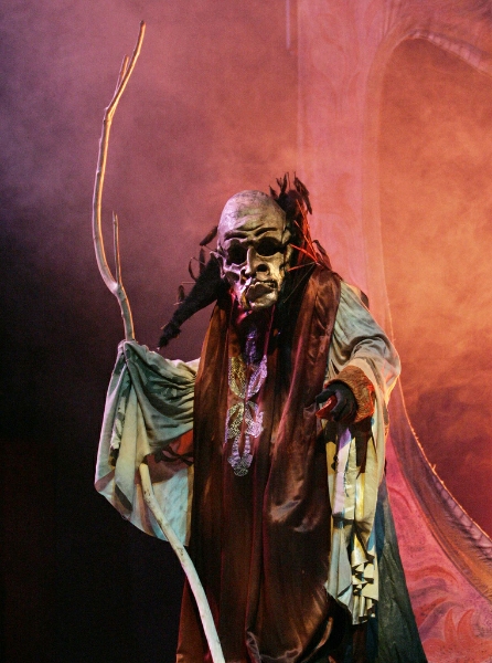 A creature stands on a stage during "The Grand Procession of the Ghouls" at the Halloween Extravaganza and Procession of Ghouls, at the Cathedral of St. John the Divine in New York. The annual event features ghoulish characters by puppet and mask maker and theater director Ralph Lee, who created New York City's Halloween Parade. Courtesy of AFP Photo/Stan Honda.