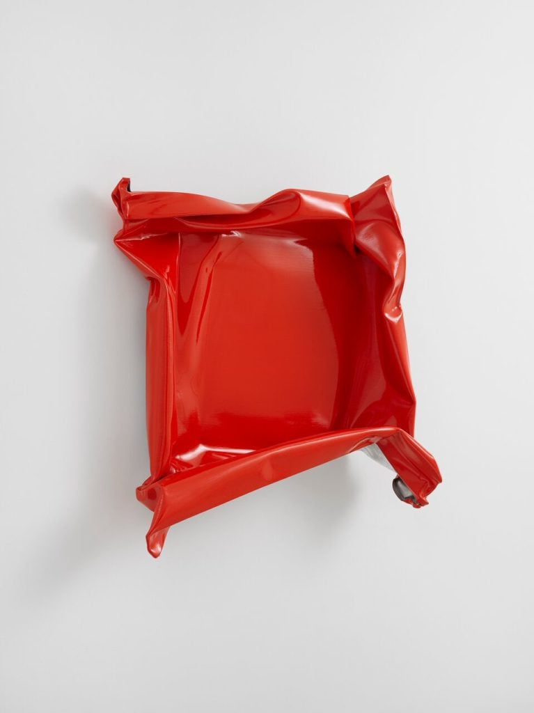 Angela de la Cruz <i> Recycled (Hybrid) Red, </i>(2016). ©Angela de la Cruz; Courtesy Lisson Gallery 