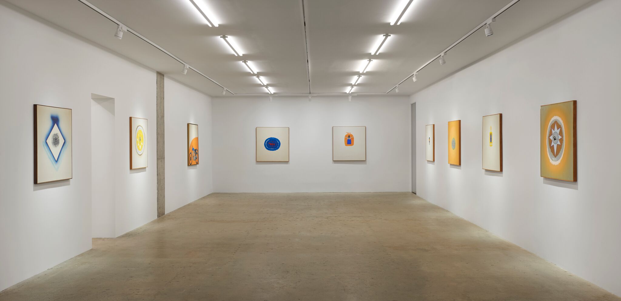 Installation view of Billy Al Bengston's "My B.S.A. 350CC Gold Star & Blues for Aub (get it?)" at Venus Over Manhattan. Courtesy of VENUS, New York and Andy Romer Photography.